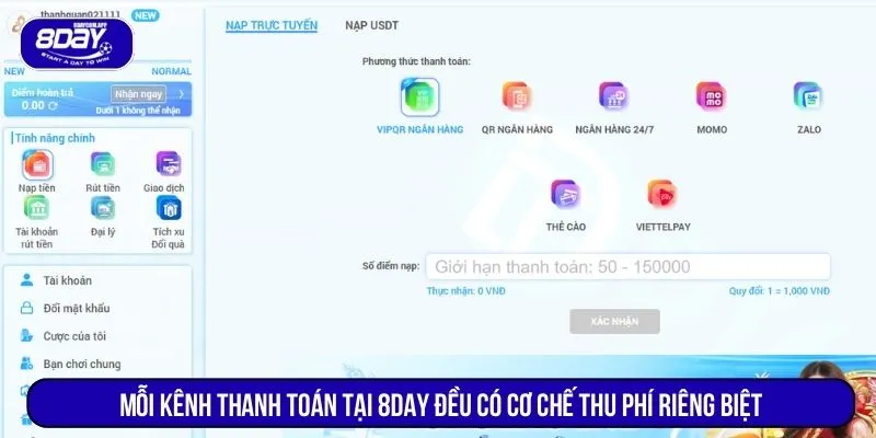 Nạp Tiền 8DAY Có Mất Phí Không? Chính Sách Chi Tiết 2 Mỗi kênh thanh toán tại 8DAY đều có cơ chế thu phí riêng biệt